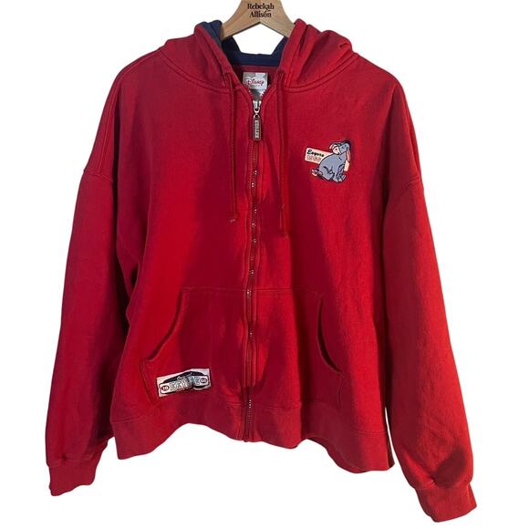 Vintage Disney Eeyore Winnie The Pooh Zip Up Hoodie Sweatsirt Red Size XL - Picture 1 of 12
